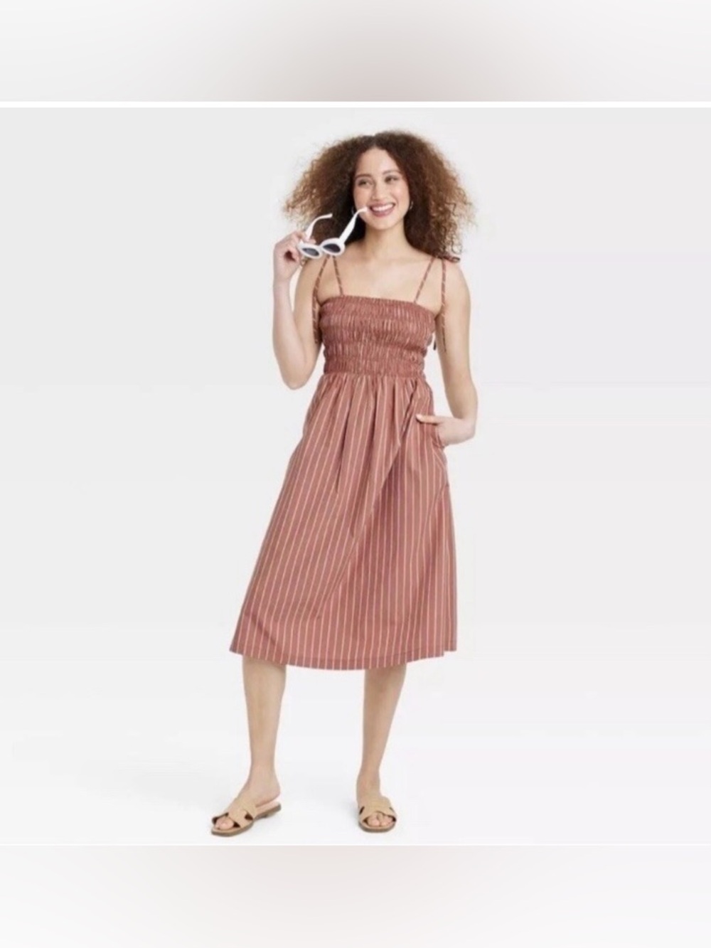 NWT A New Day Smock Midi Sun Dress Pockets Brown White Stripes XS
